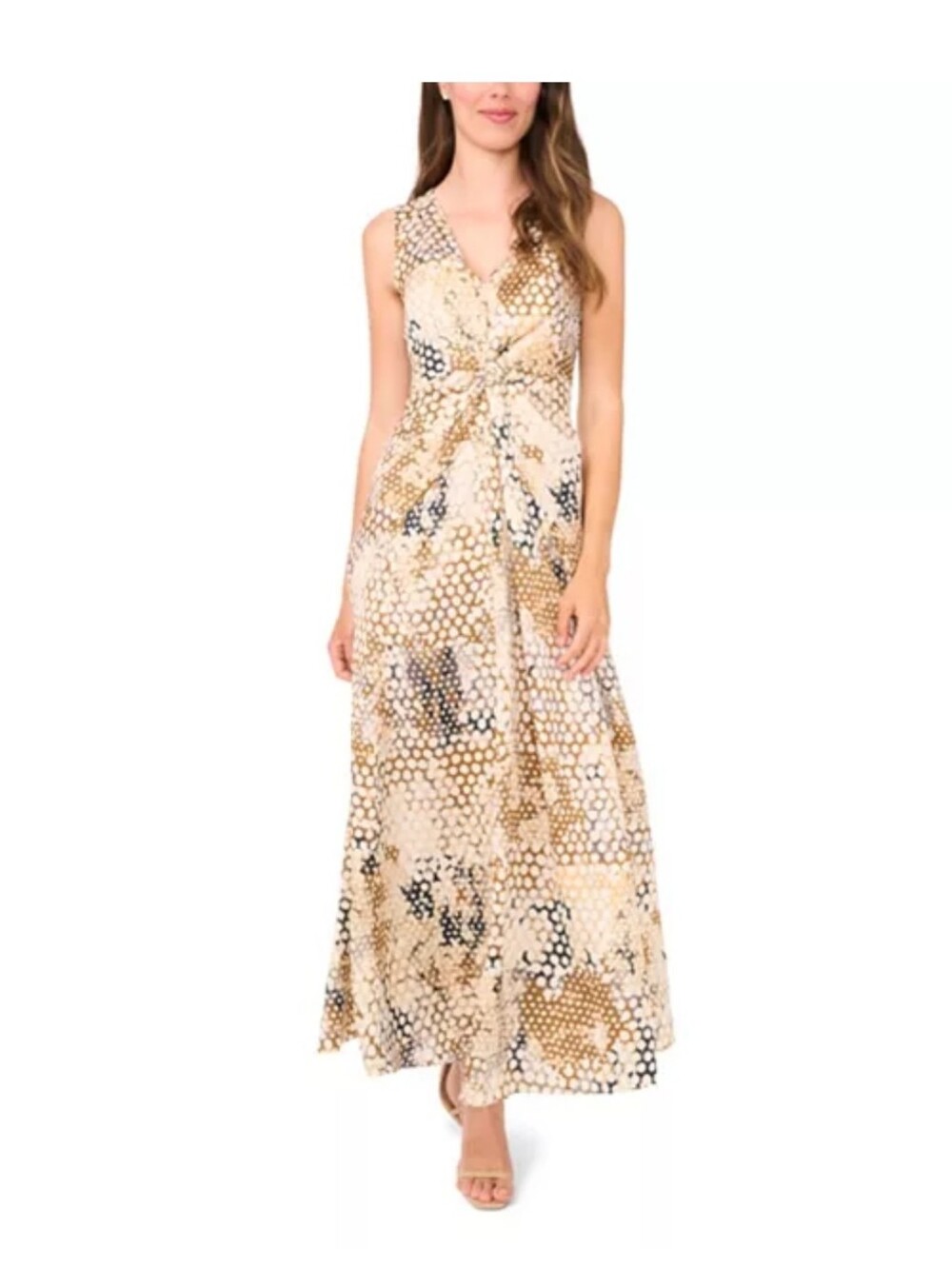 1.STATE NWT Brown Taupe Printed Twist Front Maxi Dress Size L $129 Neutral